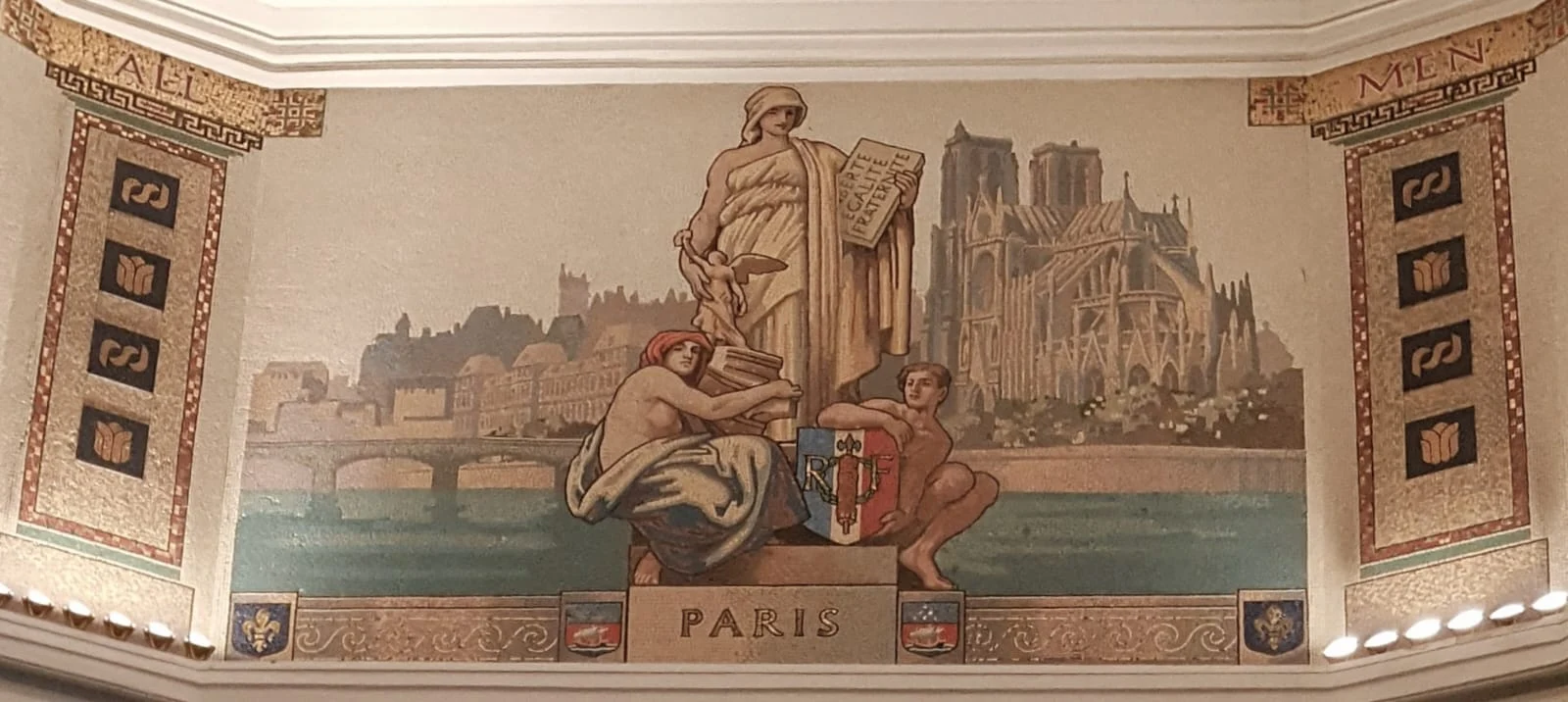 A curved mosaic labelled PARIS, with architectural scenes and allegorical figures above a marble arch.