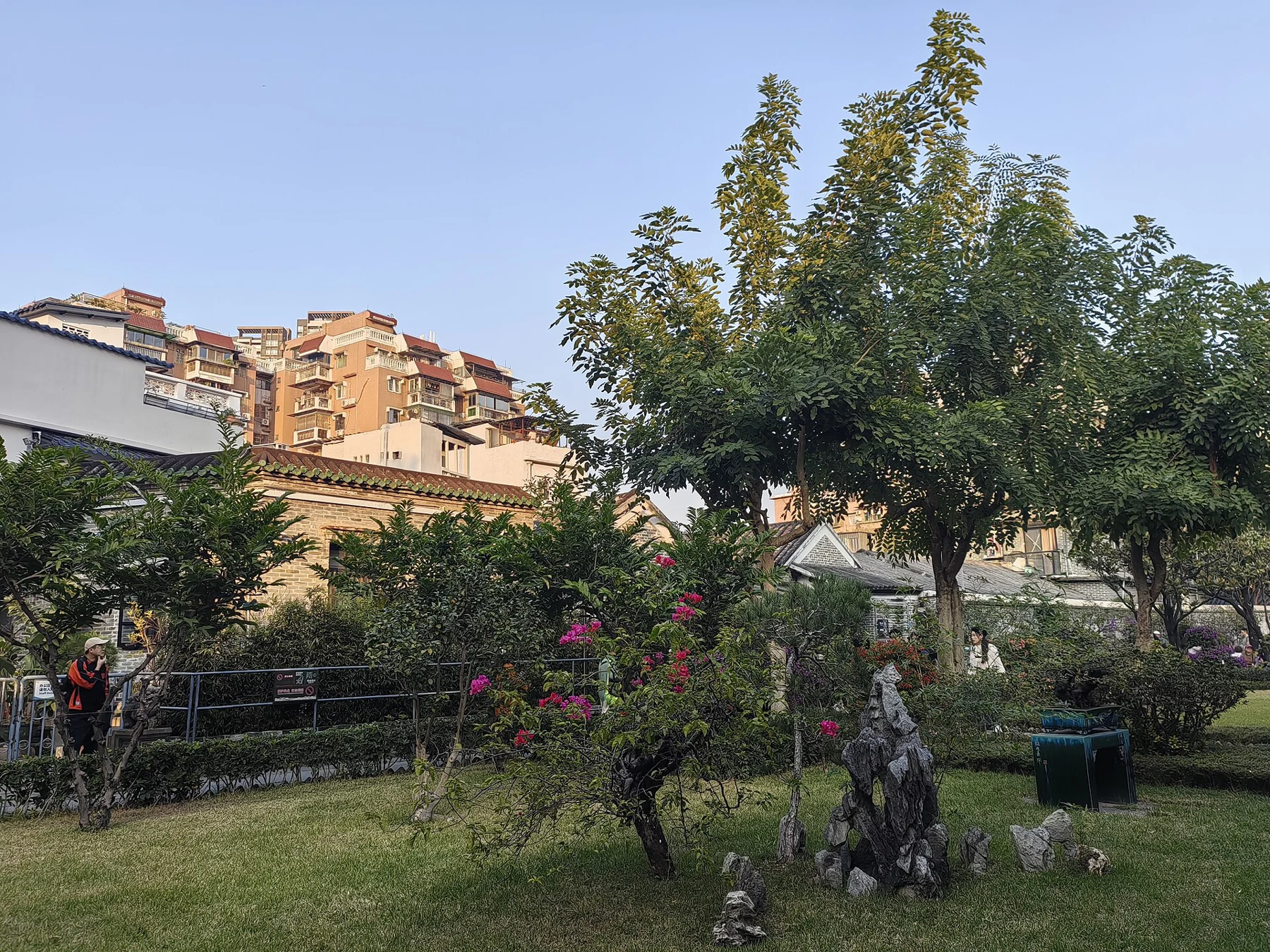 Green planting and small garden features beside the museum buildings.
