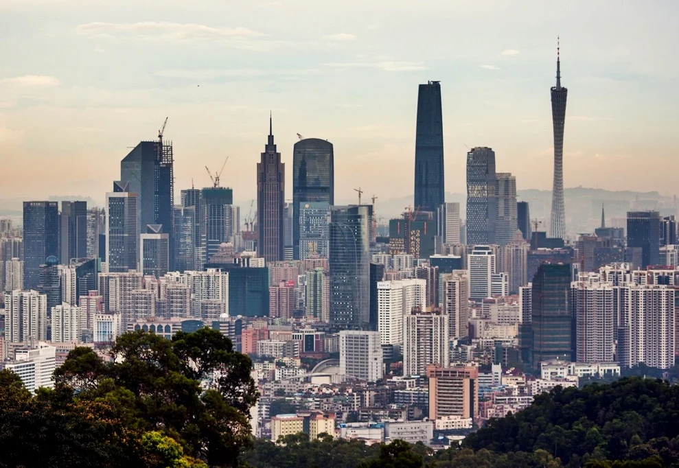 Guangzhou skyline with Canton Tower and a cluster of tall buildings in 2013.