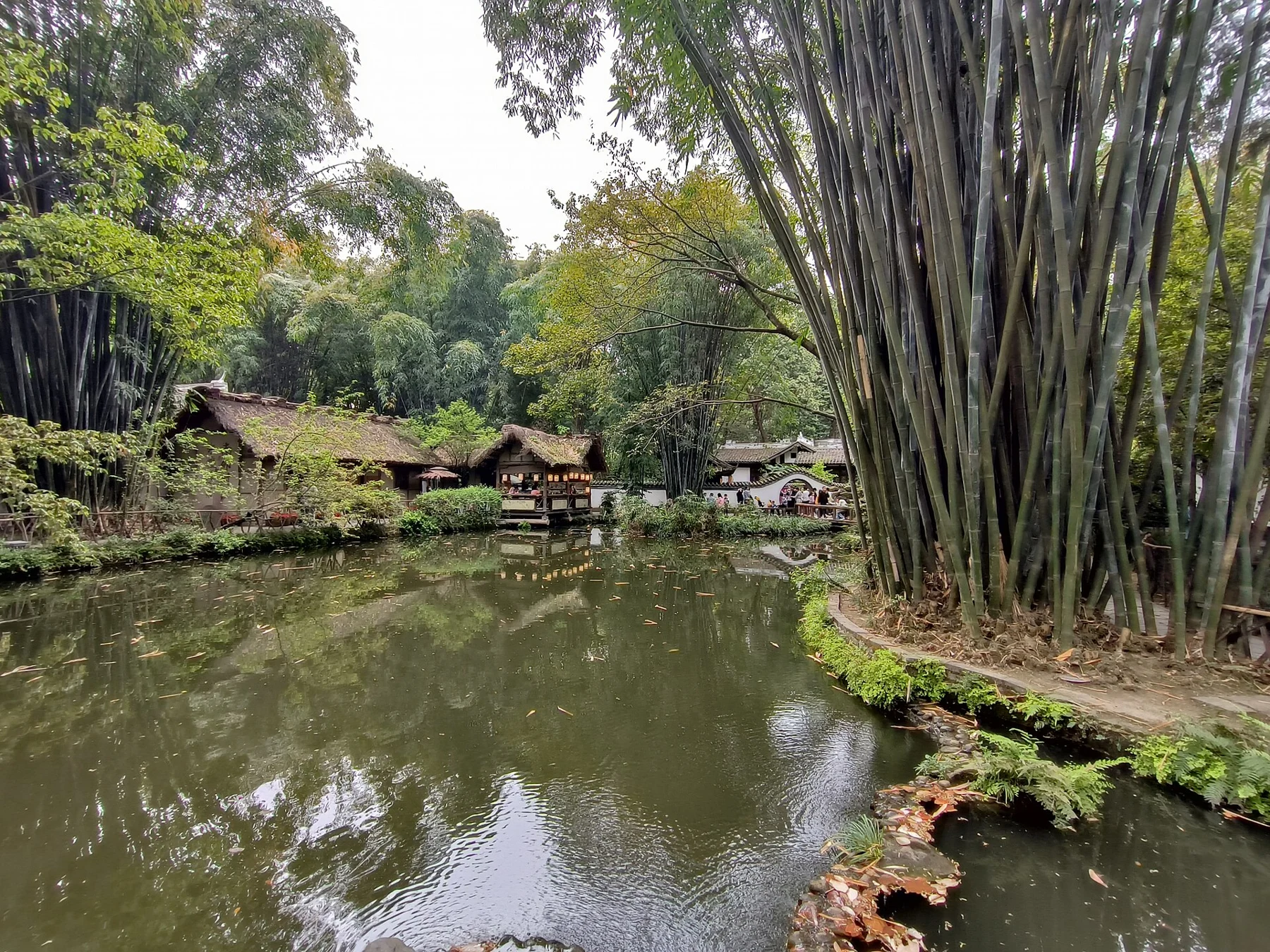 Water, bamboo and thatched waterside buildings in the museum grounds, photographed in April 2023.