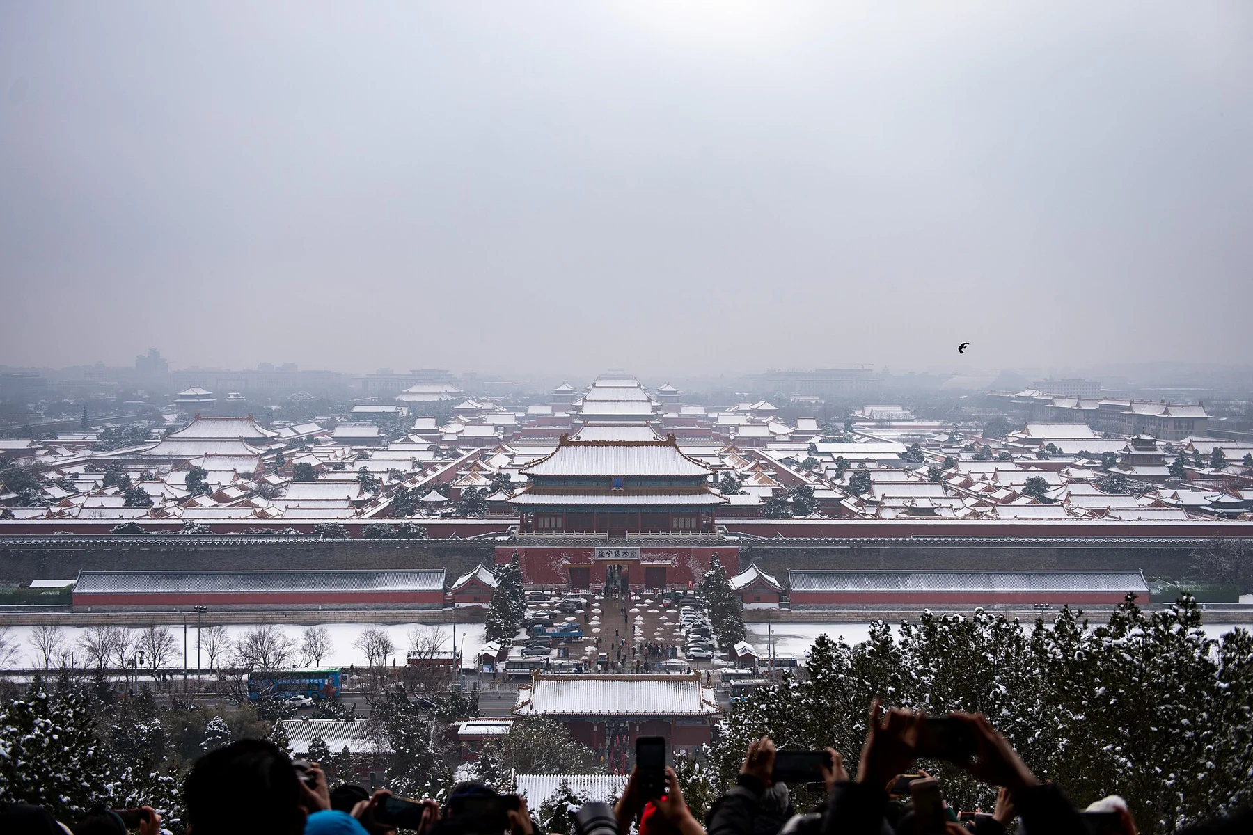 Snow-covered roofs of the Forbidden City seen from the Jingshan viewpoint.