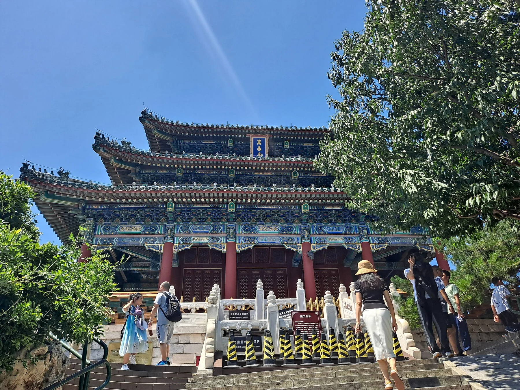 Wanchun Pavilion with its imperial-style tiled roof and red columns.