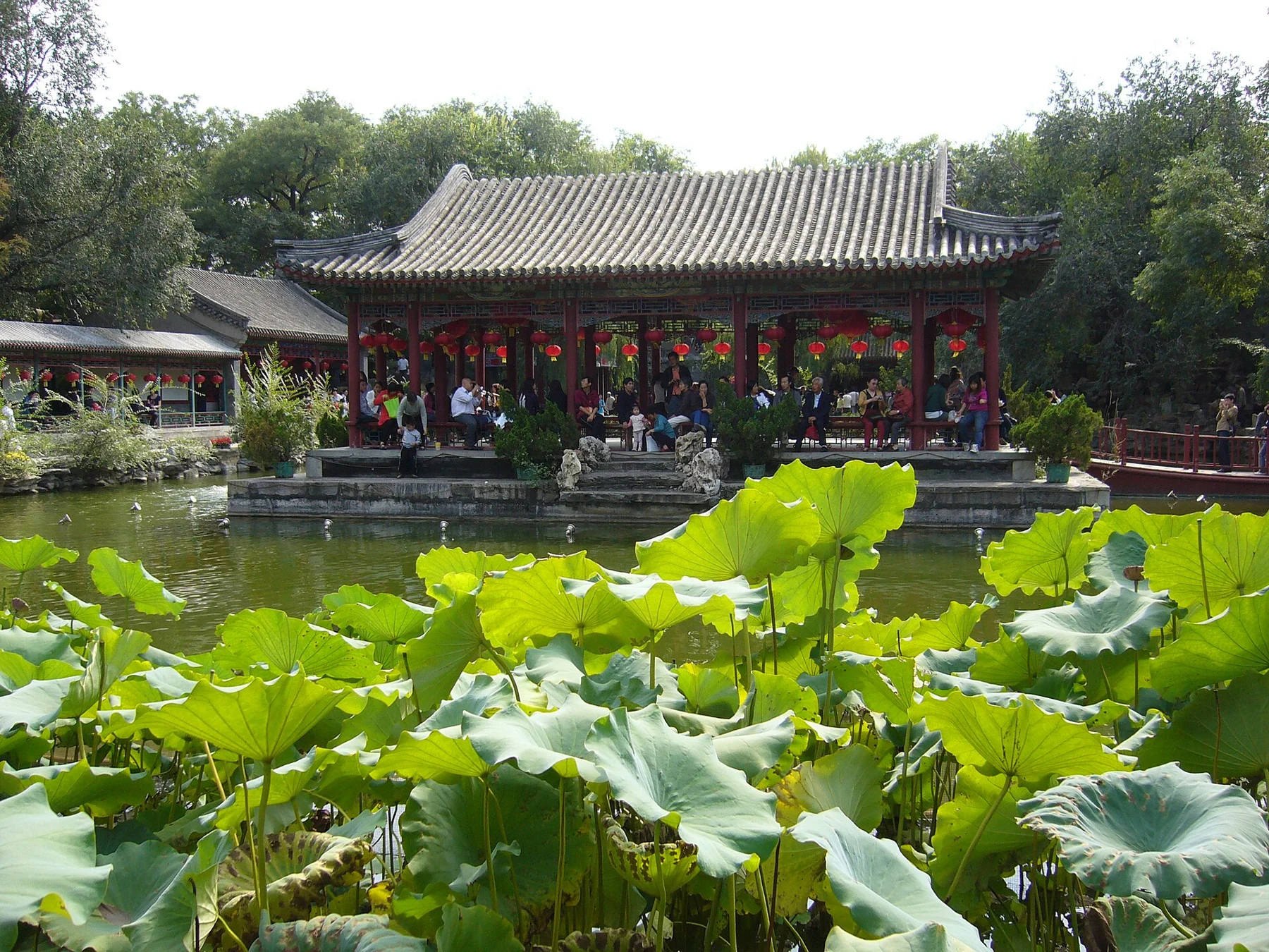 A roofed garden pavilion across water, with large lotus leaves in the foreground.