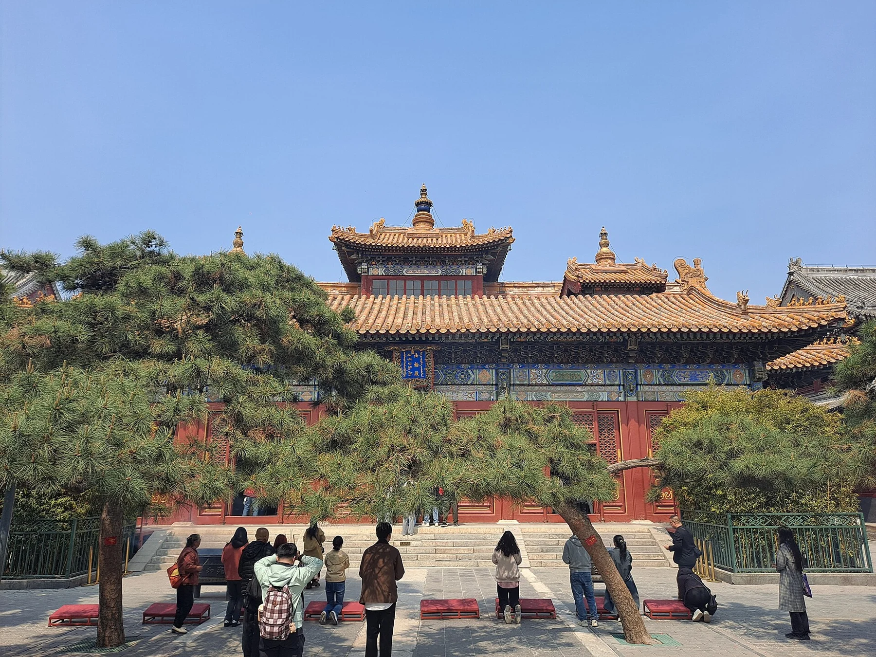 Falun Hall with its central roof tower and smaller gilded roof ornaments above a courtyard pine.