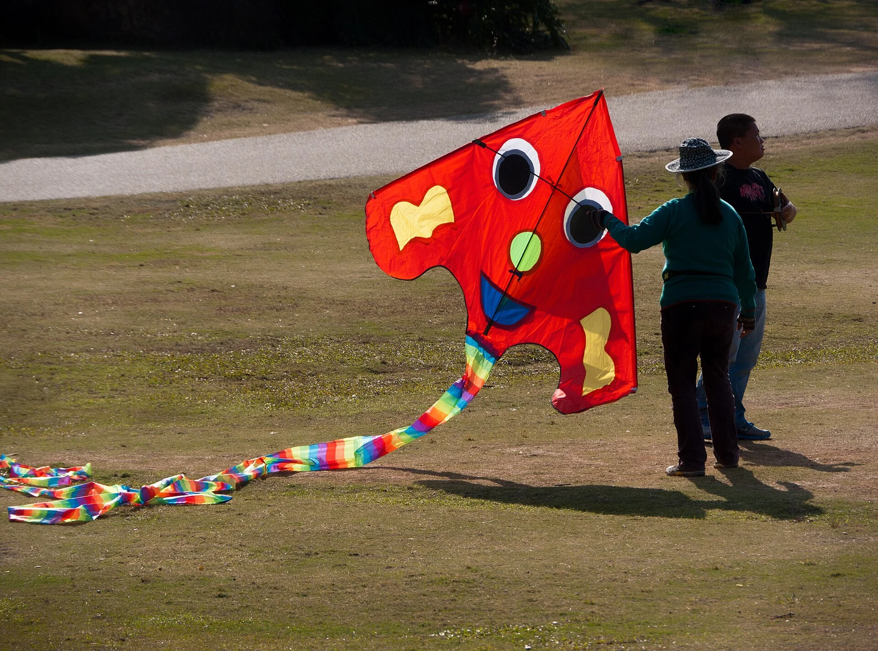 Person holding a large colourful kite on a park lawn