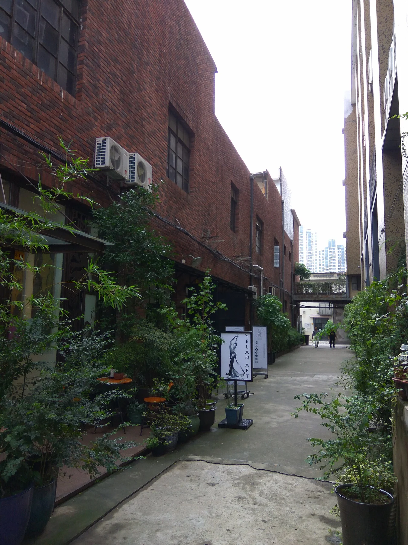 A narrow passage between brick buildings with greenery and a bridge above.
