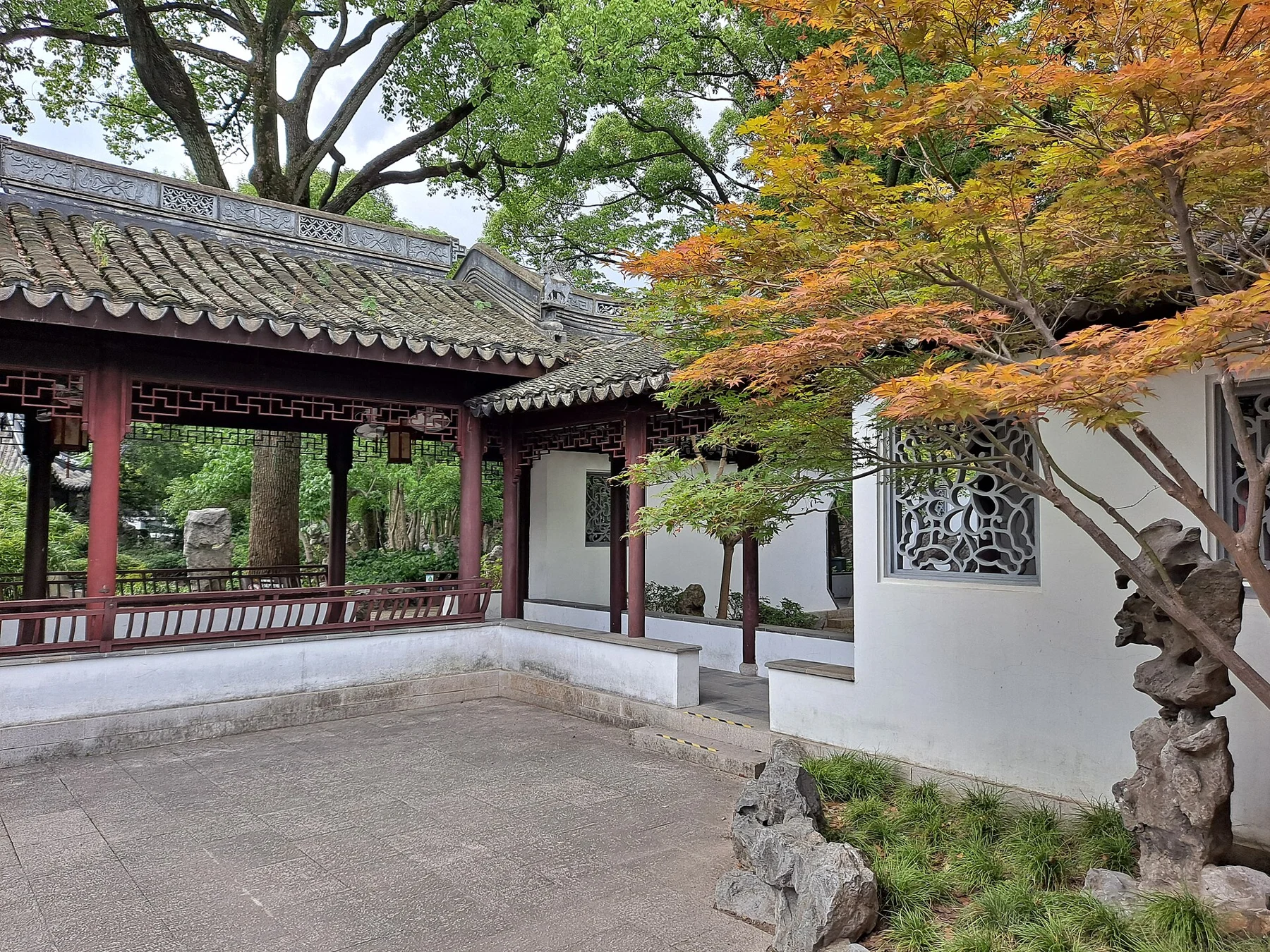 Red columns beside a white wall with a decorative window and a tree with reddish leaves.