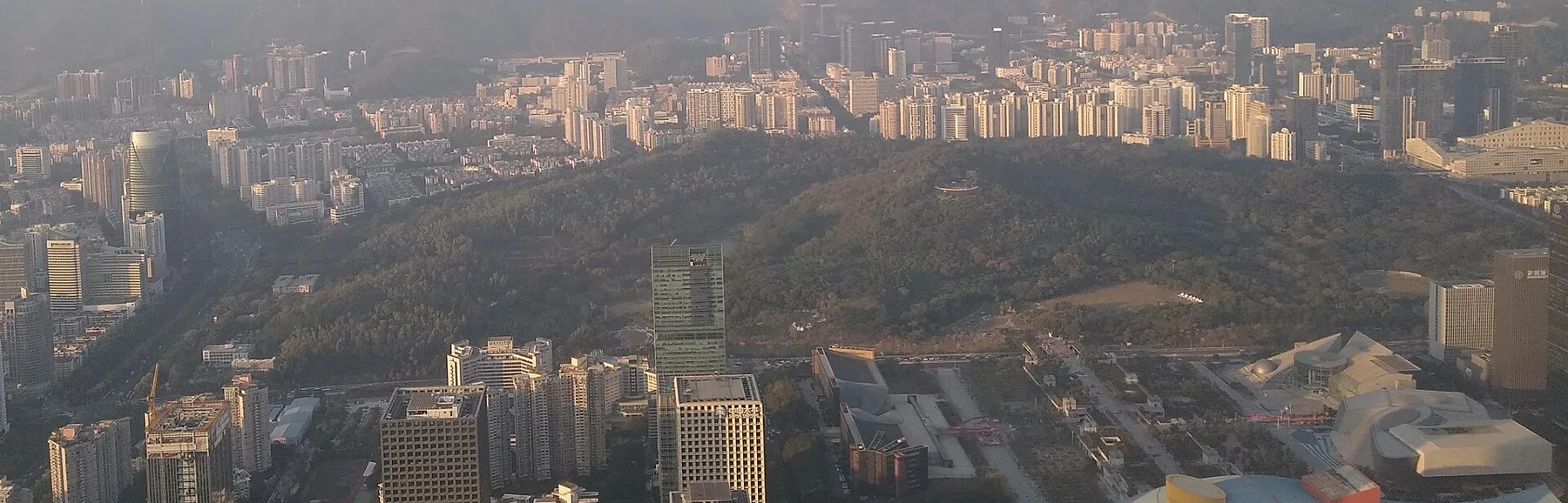 A rounded green hill amid tall buildings viewed from above.
