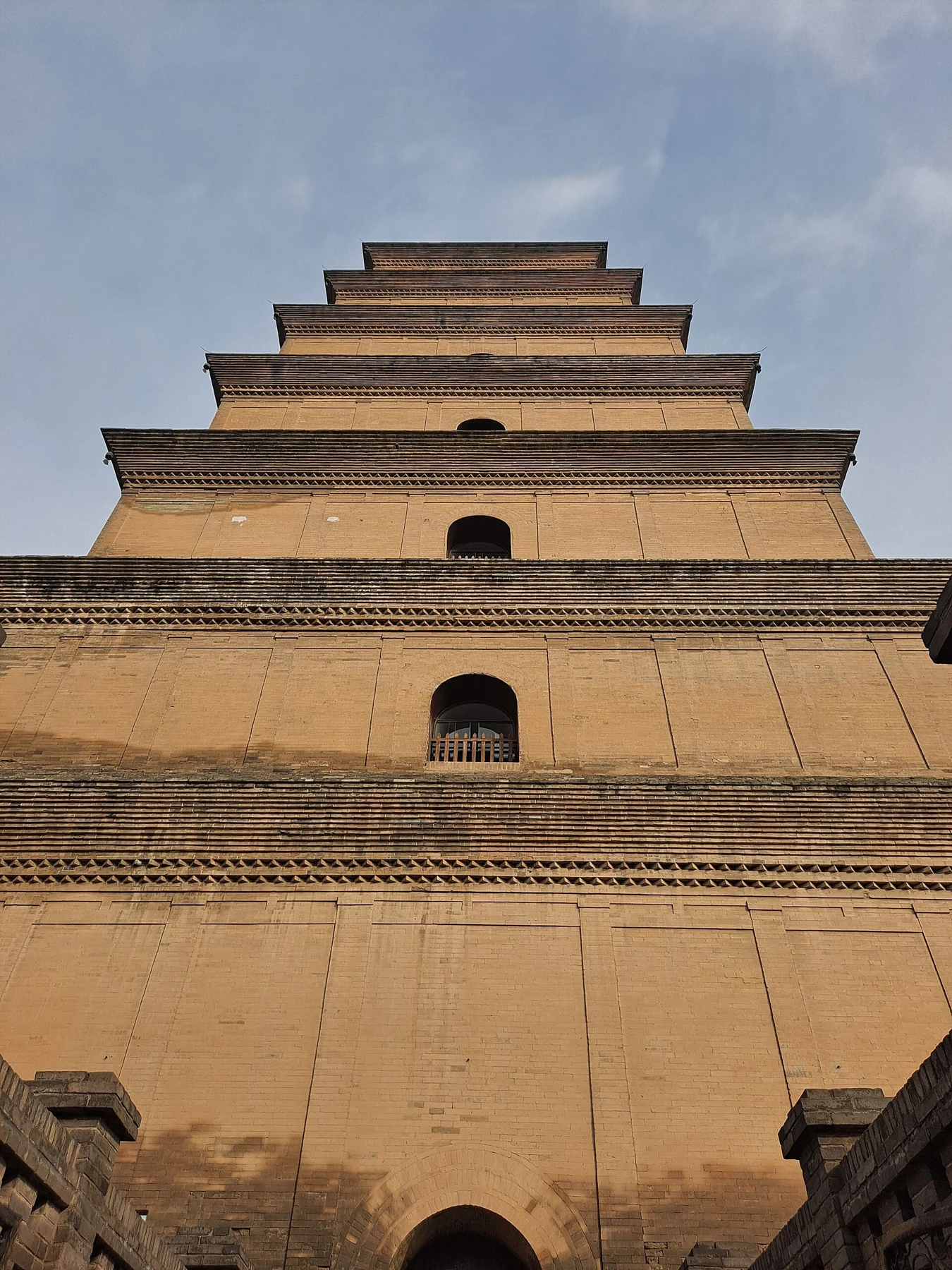 Frontal upward view of the seven-storey Giant Wild Goose Pagoda.