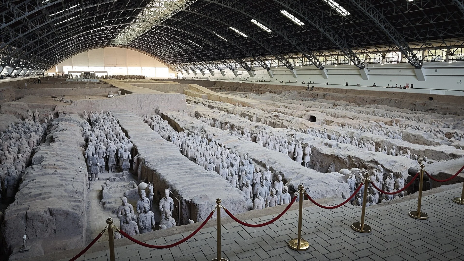 Terracotta warriors in the large excavation hall at Pit 1