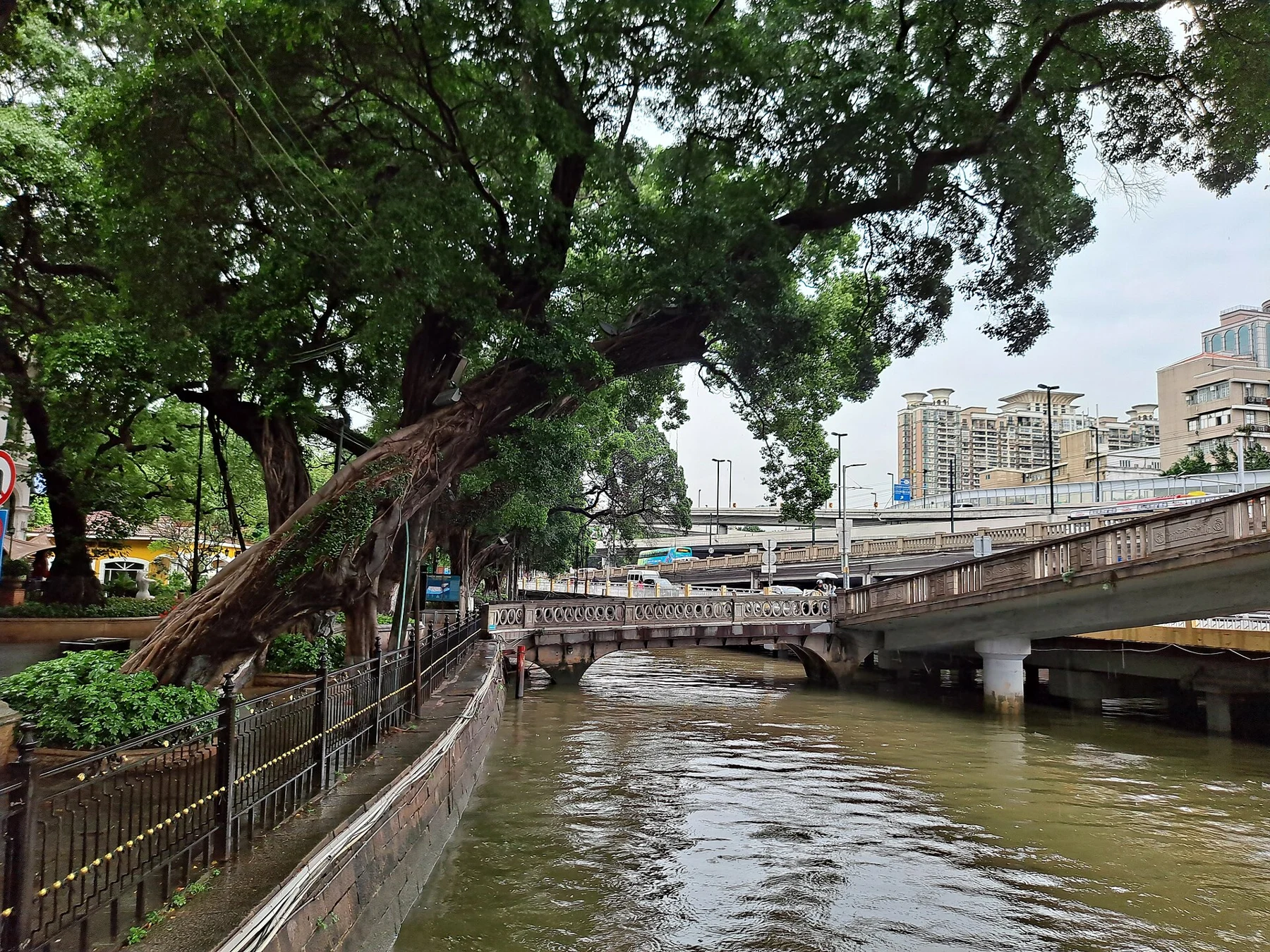 Canal edge with a large tree, railing and a bridge at Shamian’s eastern end.