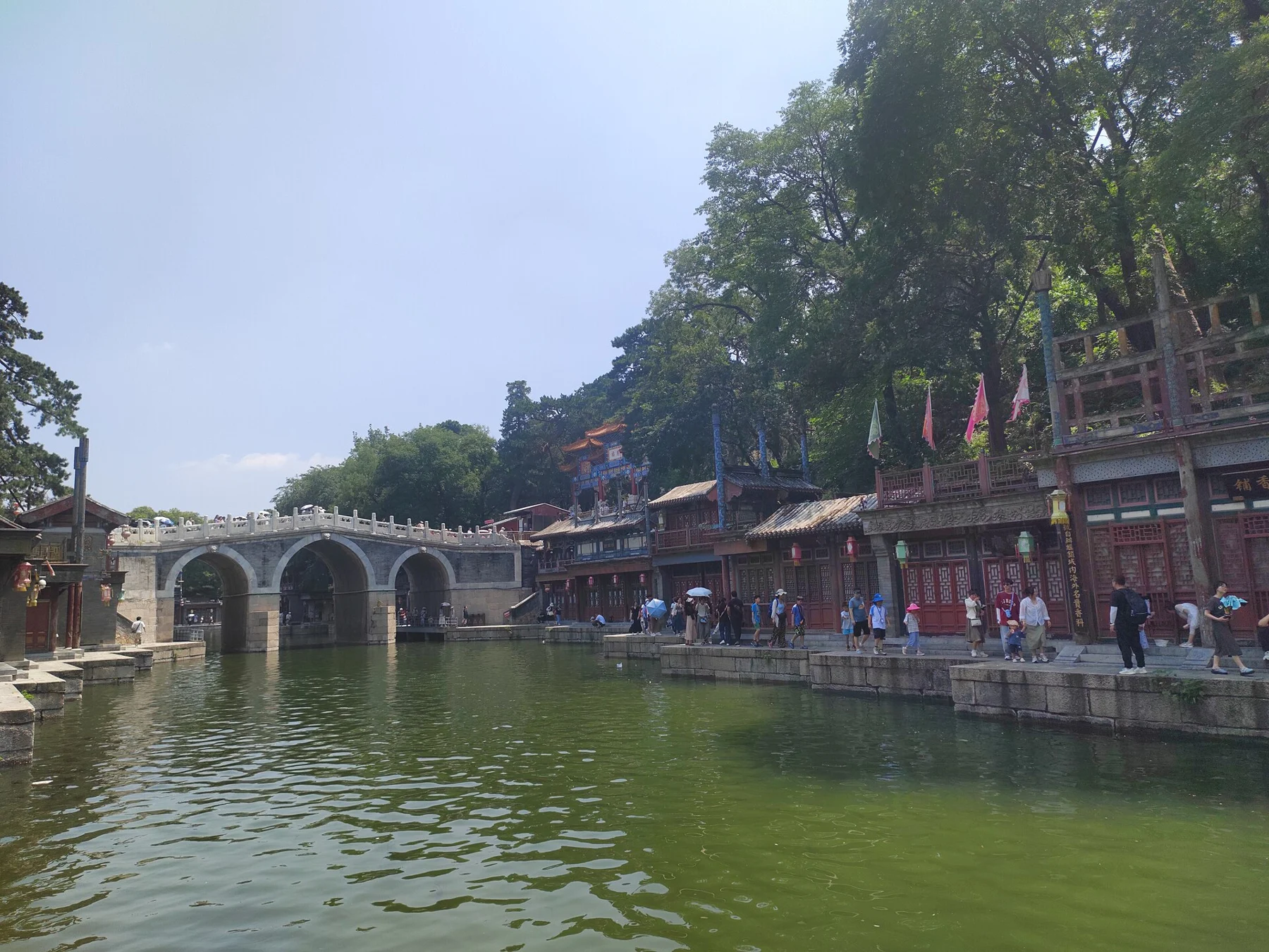 Traditional-style buildings lining the water at Suzhou Street inside the Summer Palace.