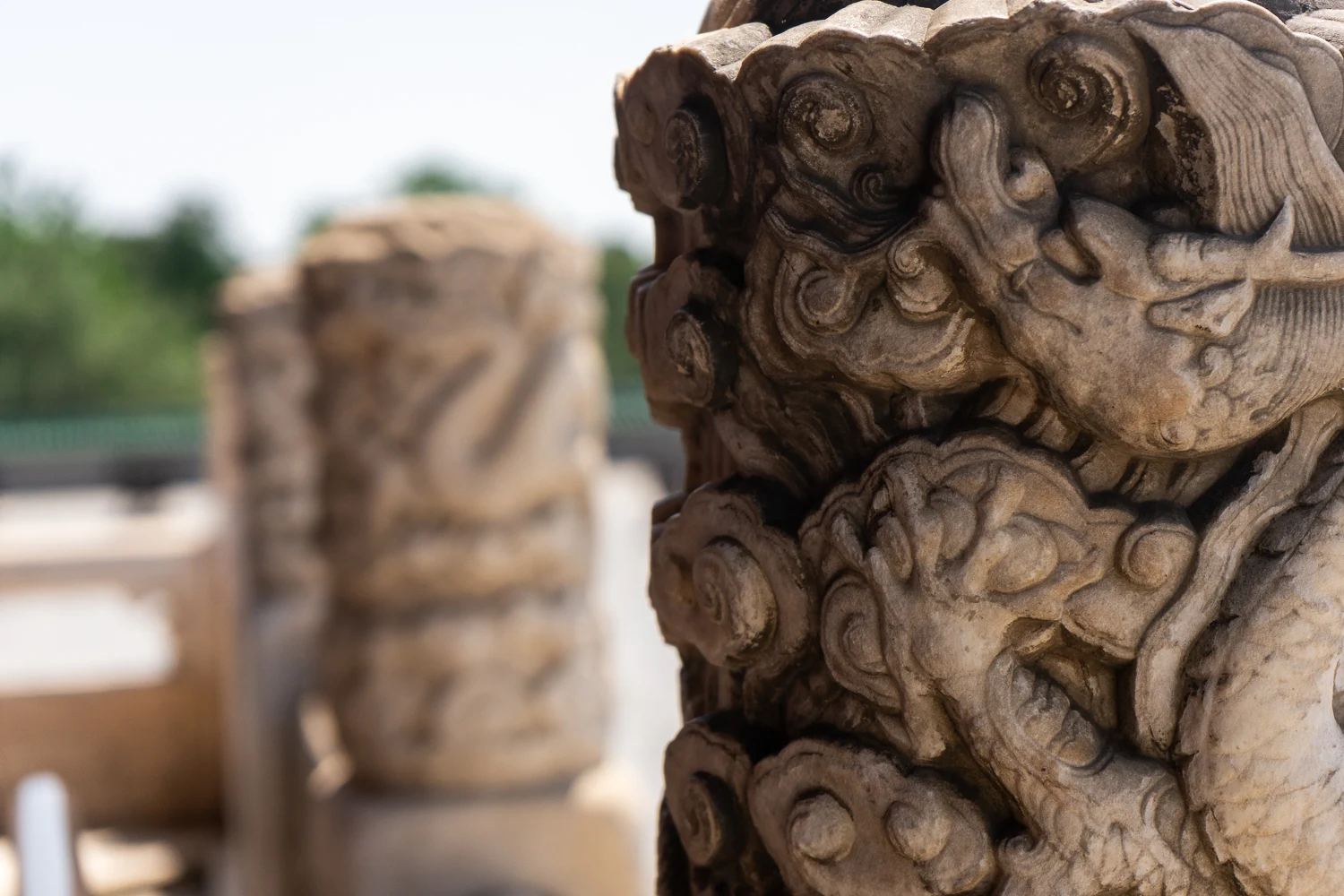 A close photograph of a carved dragon on a rounded pillar detail.