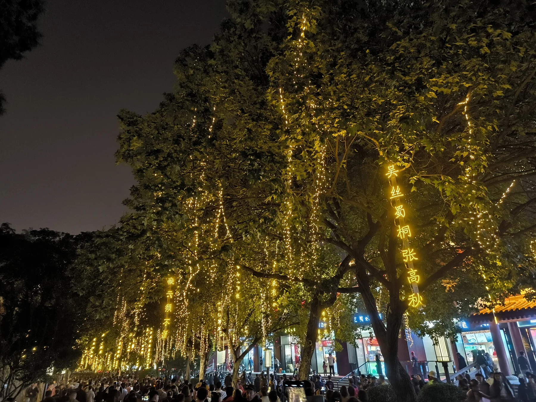 Strings of warm lights and vertical Chinese poem strips hanging in trees above a busy street.