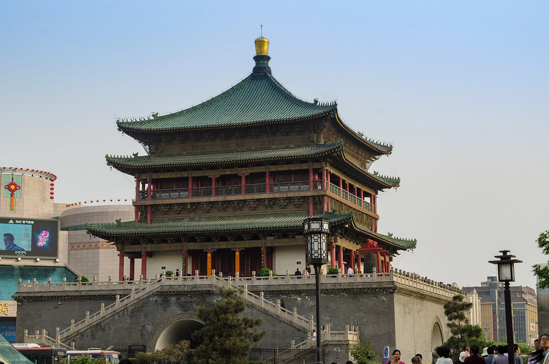 Oblique Bell Tower view showing three eaves, a pointed roof and platform stairs.