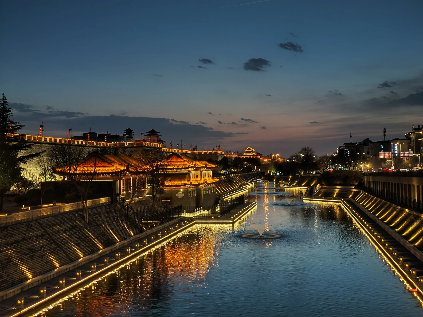 Xi’an wall and moat at evening from Taihua Interchange