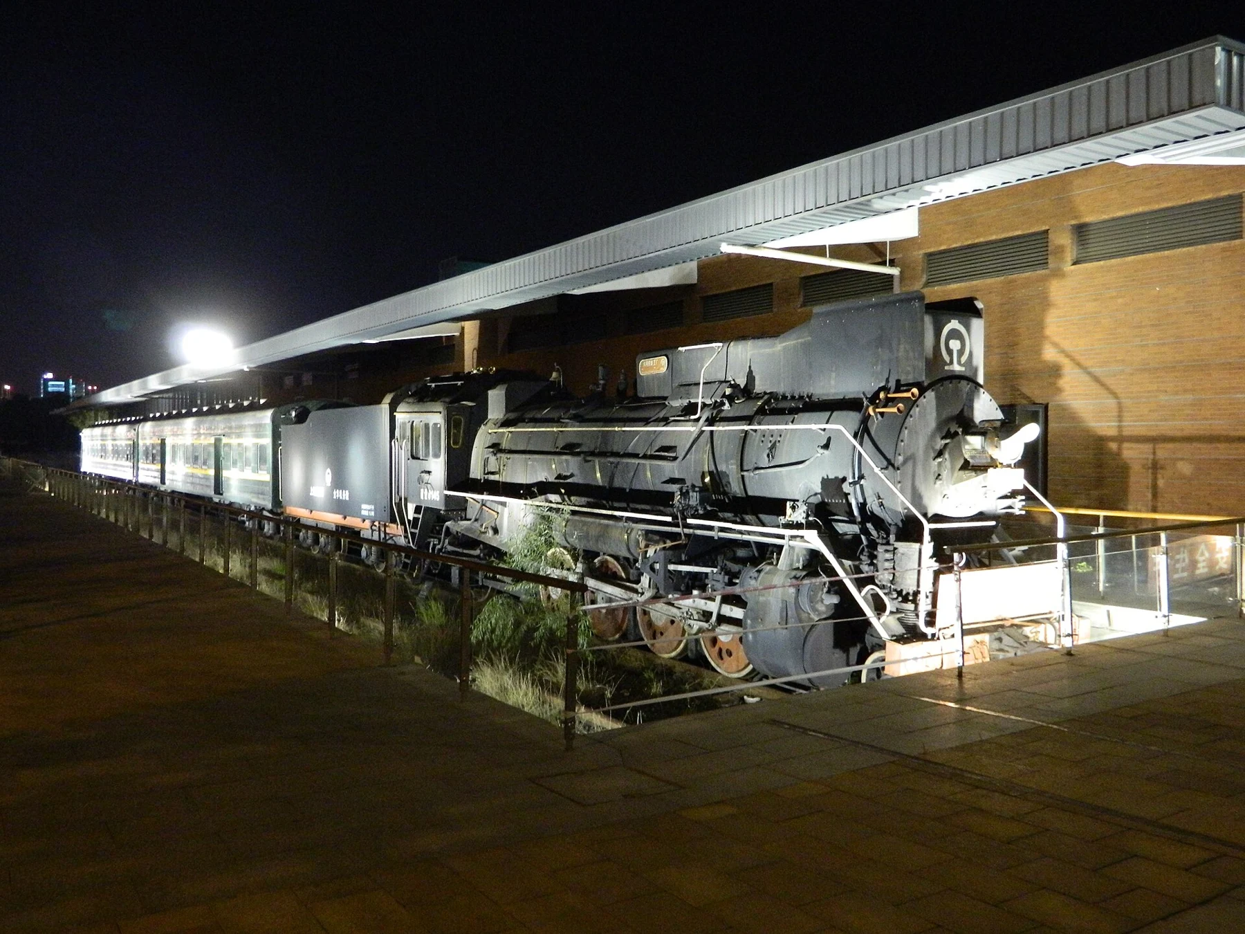 A steam locomotive standing beneath a broad canopy at night.