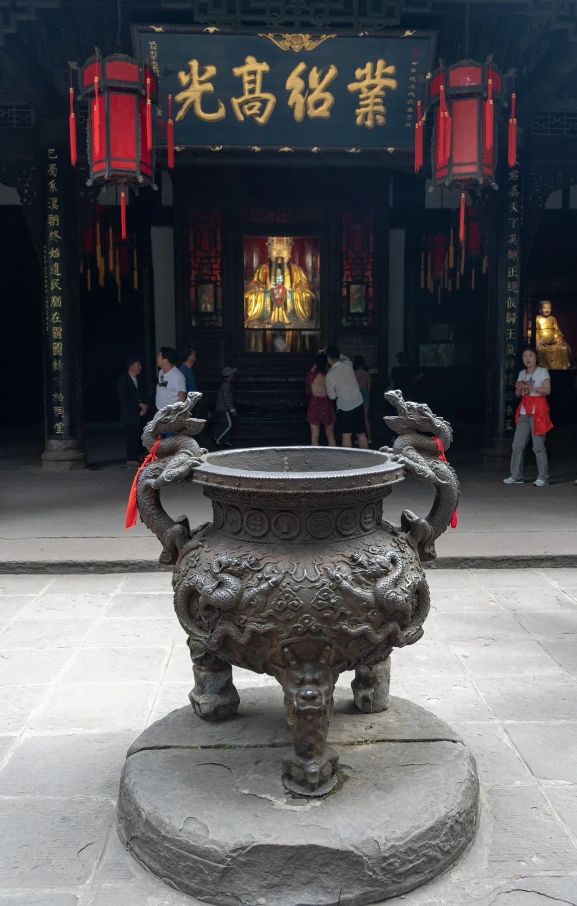 Liu Bei Hall with the crowned gilded figure behind an incense vessel