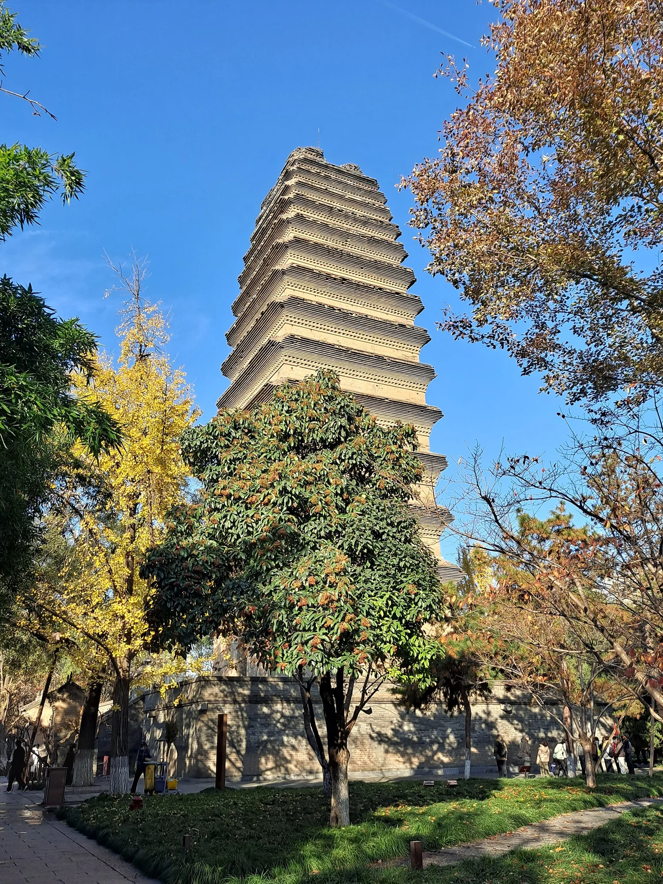 The thirteen surviving levels of Small Wild Goose Pagoda framed by autumn trees.