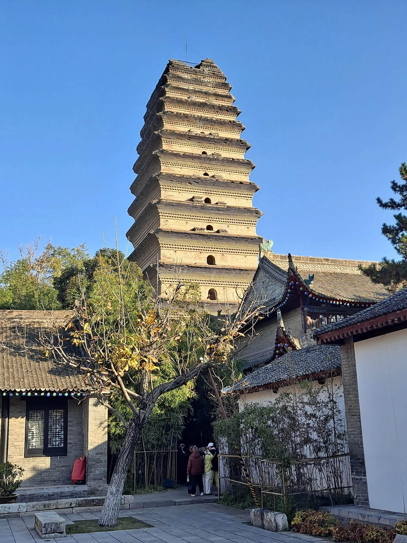 Small Wild Goose Pagoda rising above trees and the roof of a neighbouring historic building.
