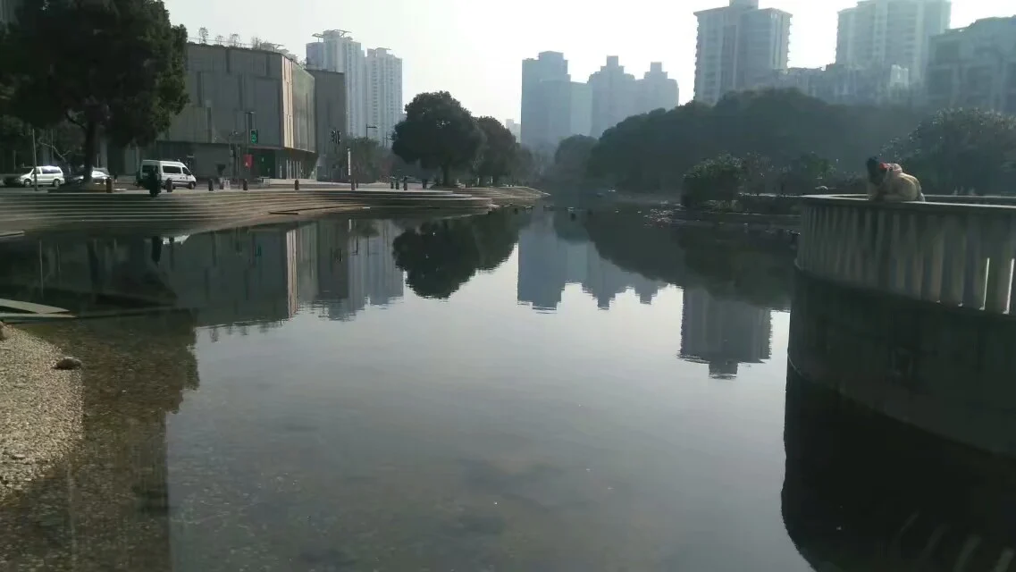 Water reflecting surrounding buildings and tree-lined banks.